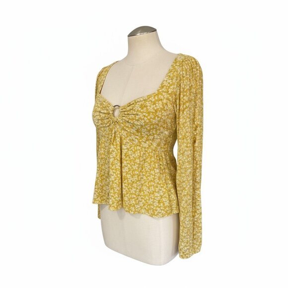 American Eagle Yellow Floral Long Sleeve Peplum Top Size Small 100% Viscose - Picture 1 of 7